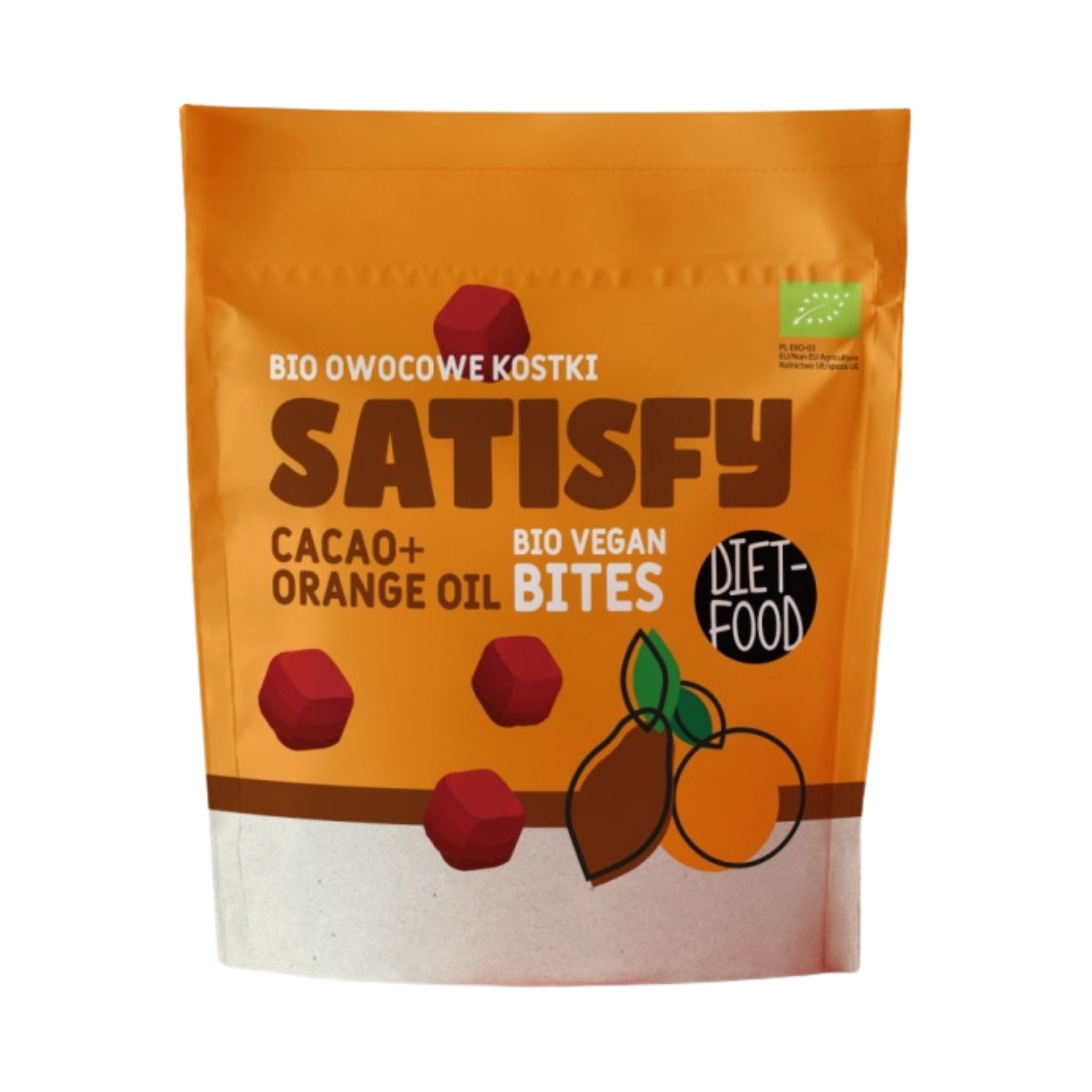 Cuburi de fructe Bio Vegan Bites SATISFY - ciocolată și portocală 120 g