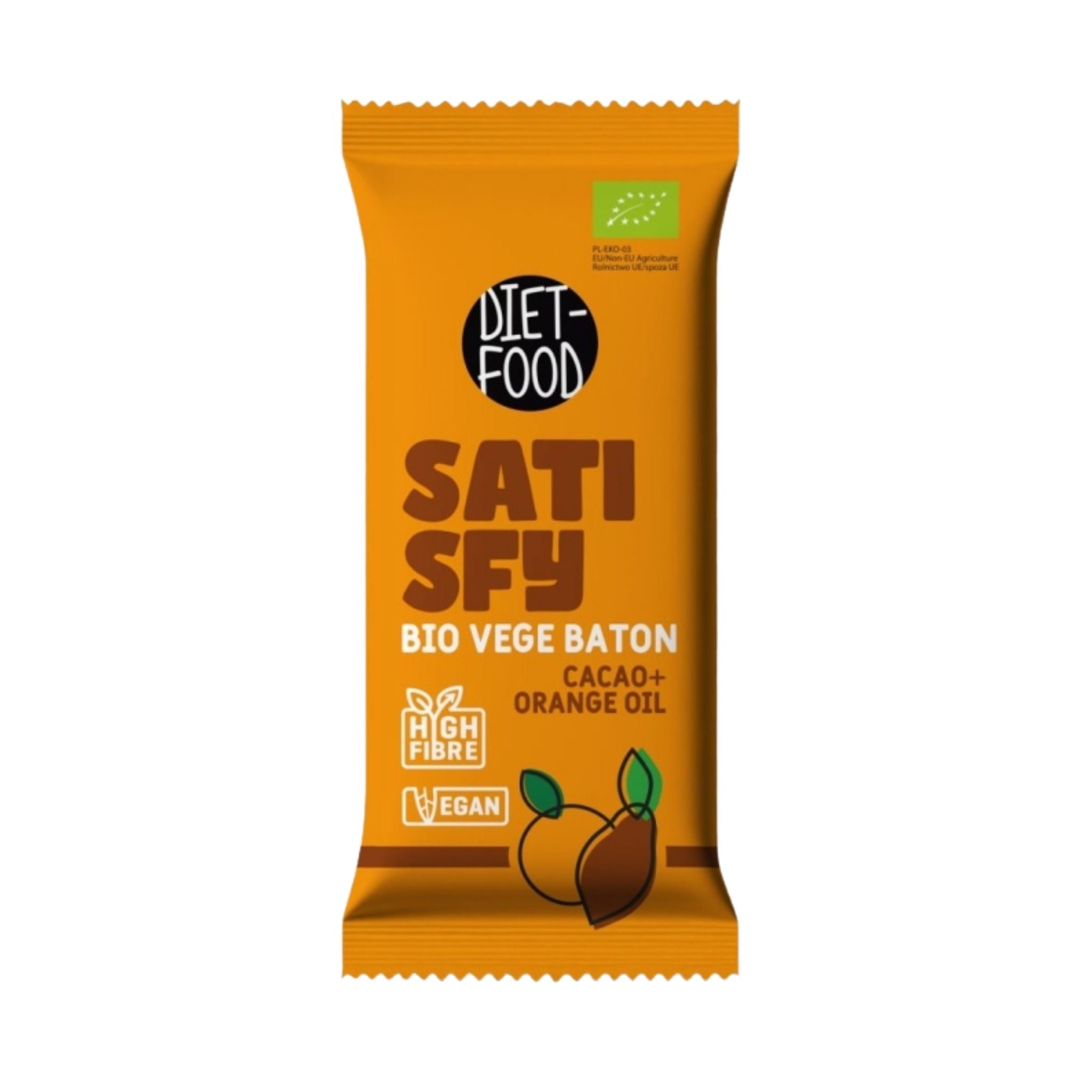 Baton vegan bio SATISFY - cacao cu ulei de portocale 35 g