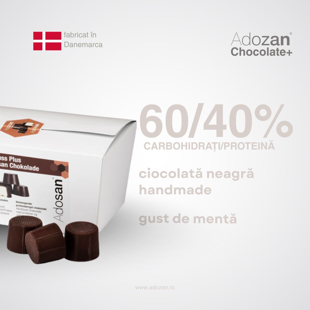 Ciocolată Adozan Chocolate+ cu Mentă (Proteină + Energie) - Cutie 250g (28 buc)