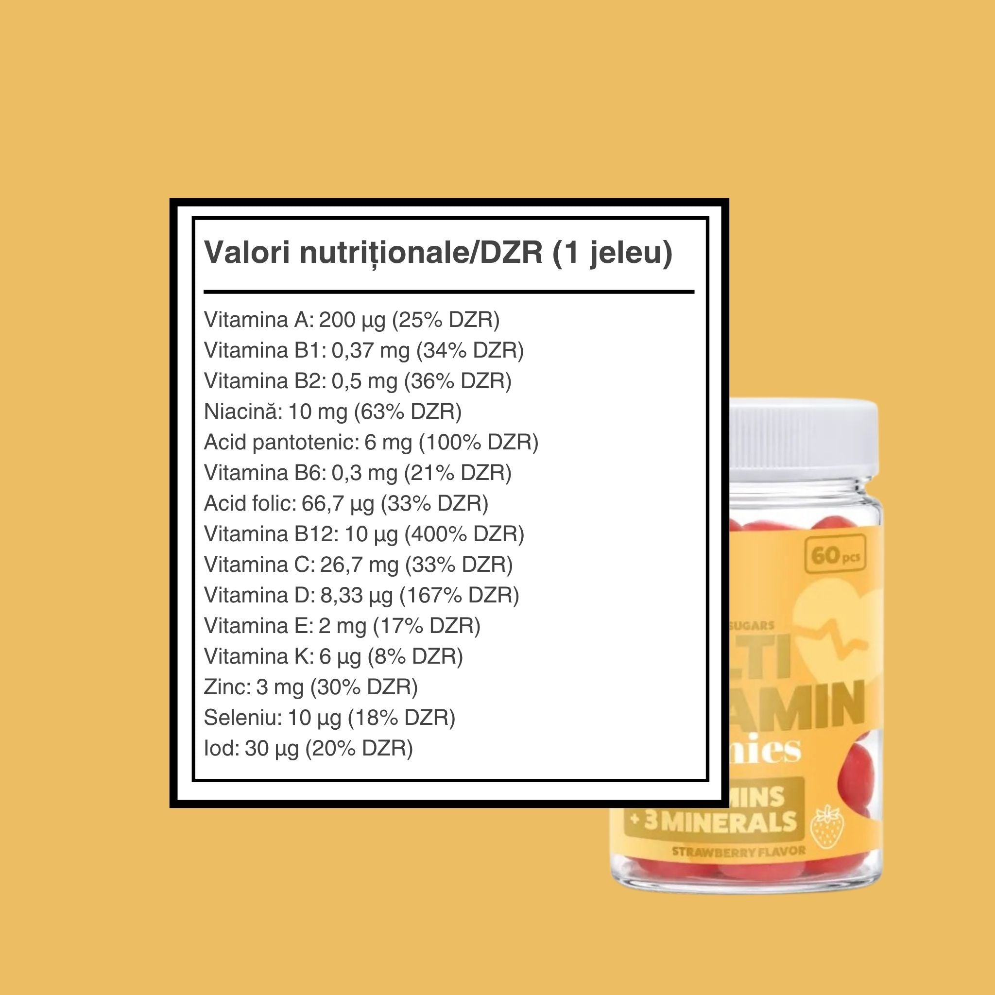 Jeleuri cu Vitamine și Minerale, Aromă de Căpșuni, Fără Zahăr 210 g (60 buc)