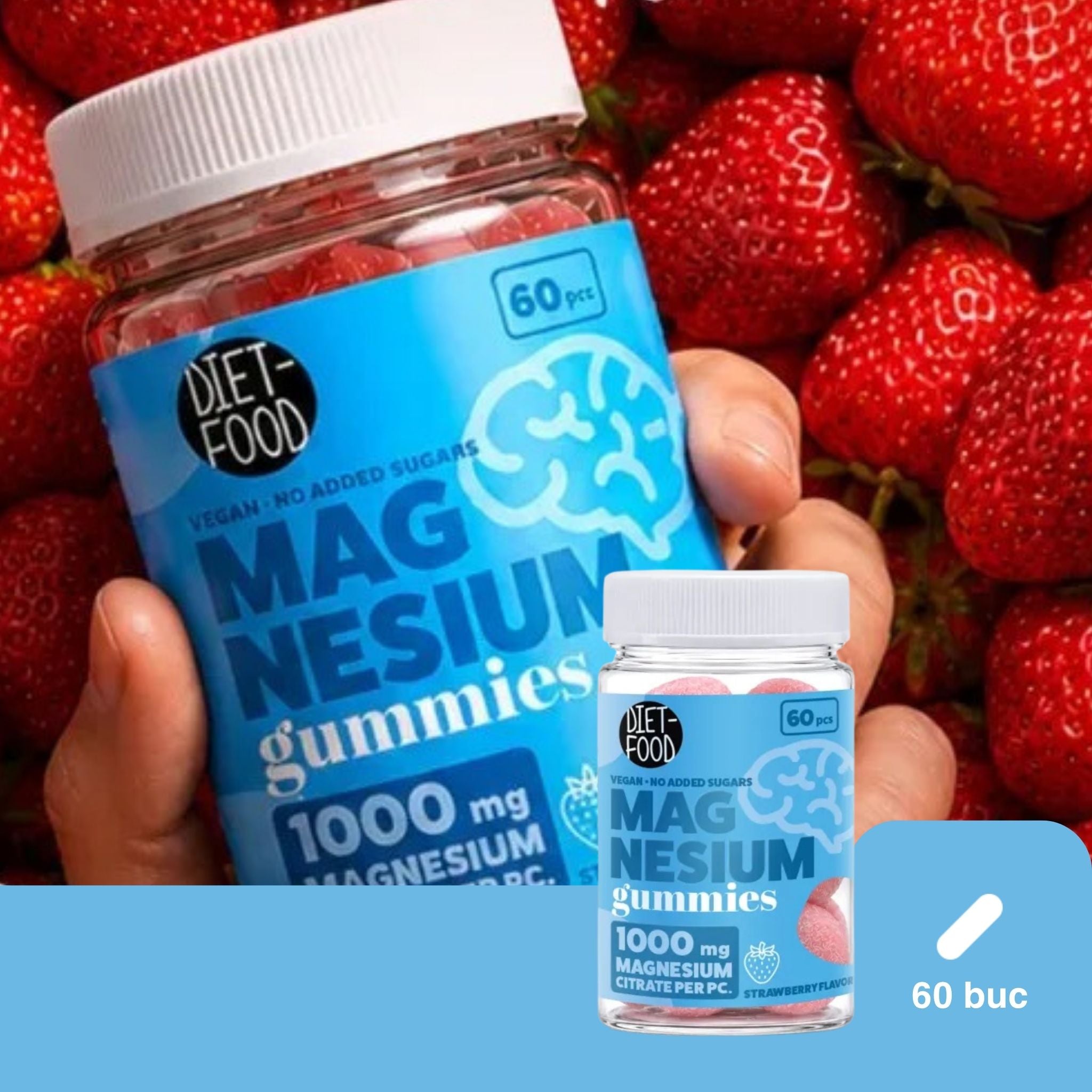 Jeleuri de Magneziu cu Aromă de Căpșuni, Fără Zahăr 210 g (60 buc)