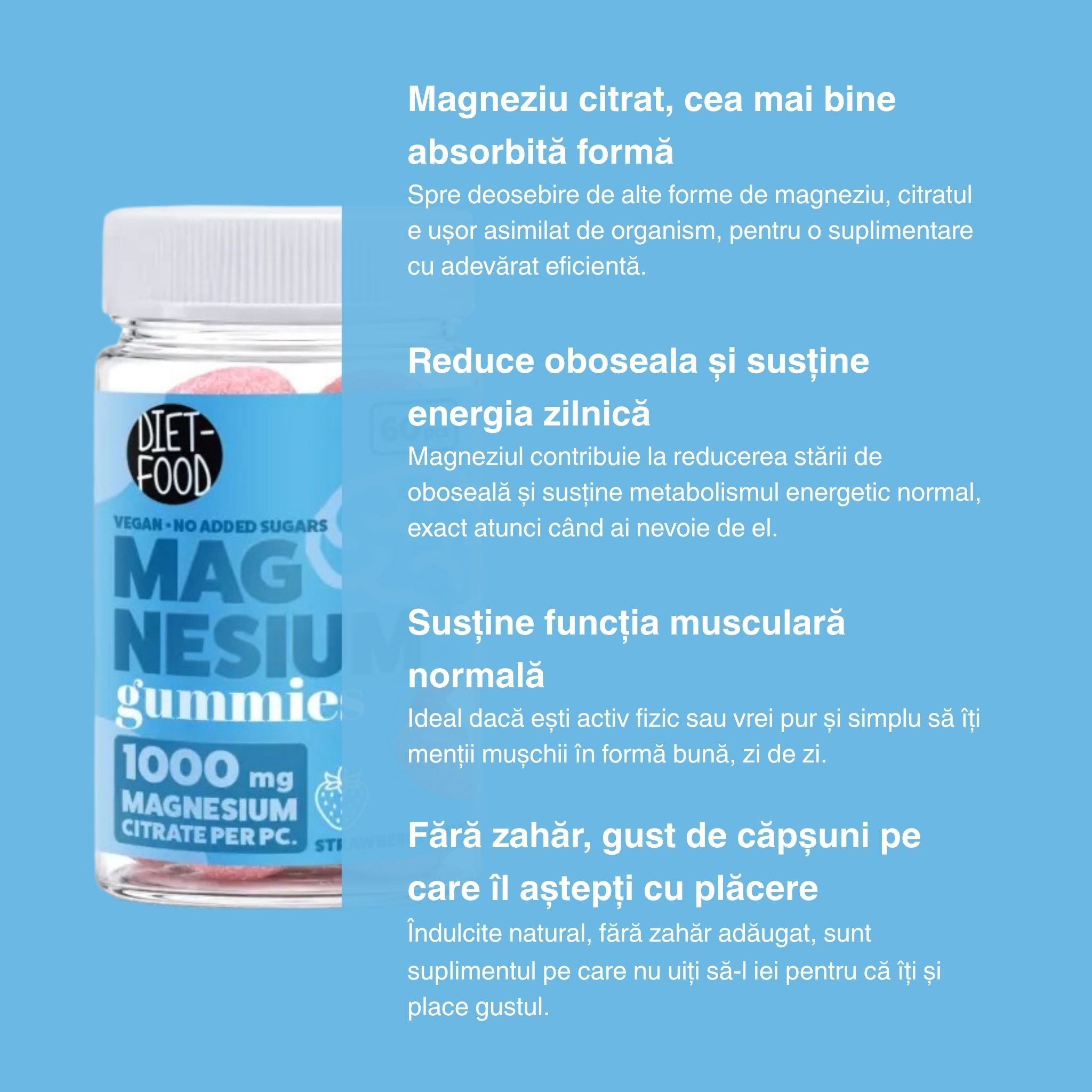 Jeleuri de Magneziu cu Aromă de Căpșuni, Fără Zahăr 210 g (60 buc)