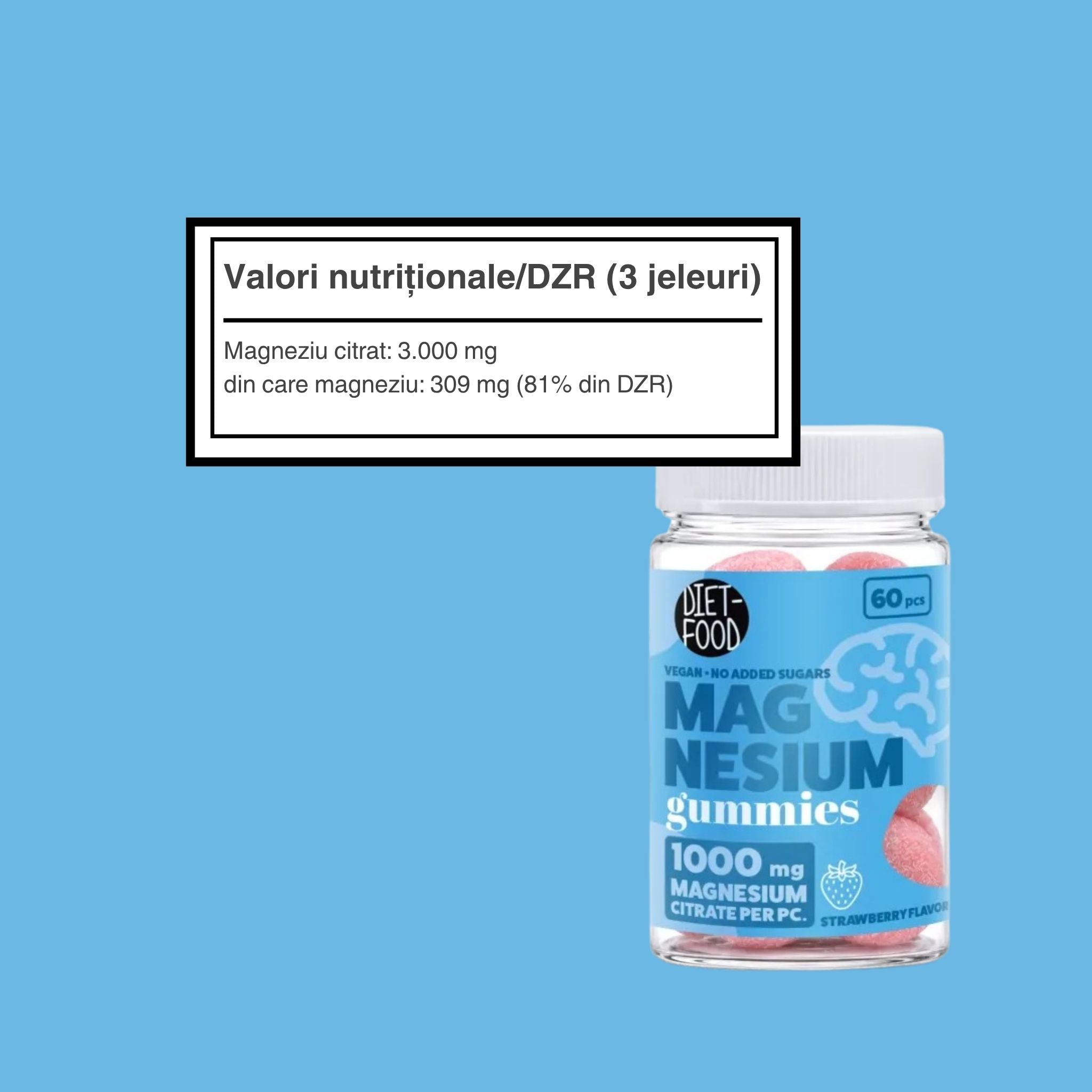 Jeleuri de Magneziu cu Aromă de Căpșuni, Fără Zahăr 210 g (60 buc)